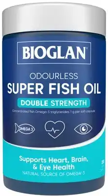 Amcal Pharmacies Bioglan Odourless Super Fish Oil Double Strength 200 Capsules offer