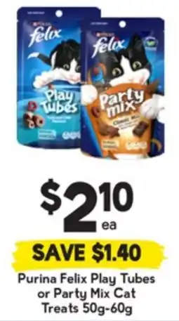 Drakes Purina Felix Play Tubes or Party Mix Cat Treats offer