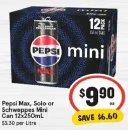 IGA Pepsi Max, Solo or Schweppes Mini Can offer