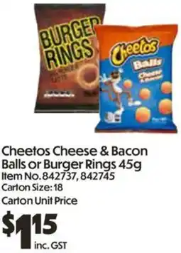 Campbells Wholesale Cheetos Cheese & Bacon Balls or Burger Rings offer