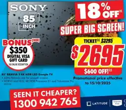 The Good Guys SONY 85" BRAVIA 3 4K HDR LED Google TV offer
