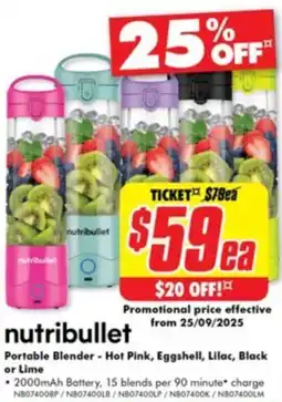 The Good Guys Nutribullet portable blender - hot pink, eggshell, lilac, black or lime offer