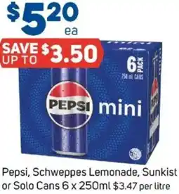 Foodland Pepsi, Schweppes Lemonade, Sunkist or Solo Cans offer