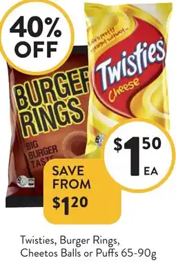 Foodworks Twisties, Burger Rings, Cheetos Balls or Puffs offer