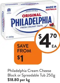Foodworks Philadelphia Cream Cheese Block or Spreadable Tub offer