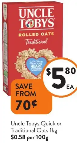 Foodworks Uncle Tobys Quick or Traditional Oats offer