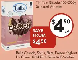 Foodworks Bulla Crunch, Splits, Bars, Frozen Yoghurt Ice Cream offer