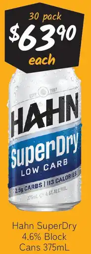 Cellarbrations Hahn SuperDry 4.6% Block Cans offer