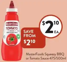 Foodworks MasterFoods Squeezy BBQ or Tomato Sauce offer