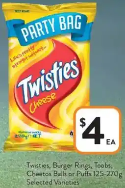 Foodworks Twisties, Burger Rings, Toobs, Cheetos Balls or Puffs offer