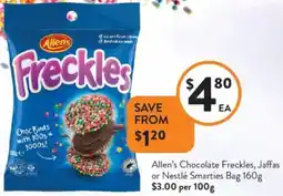 Foodworks Allen's Chocolate Freckles, Jaffas or Nestlé Smarties Bag offer