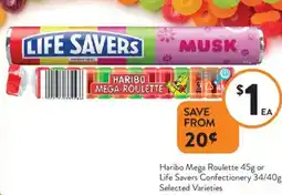 Foodworks Haribo mega roulette or life savers confectionery selected varieties offer