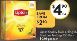 Foodworks Lipton Quality Black or English Breakfast Tea Bags offer