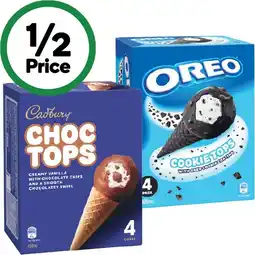 Woolworths Cadbury Choc Tops or Oreo Cookie Tops Ice Cream Cones 400ml Pk 4 – Excludes Oreo Cones 475ml Pk 4 offer