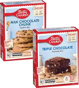 Coles Betty Crocker Choc Chunk Cookies 485g or Triple Choc Fudge Brownies Baking Mix 500g offer