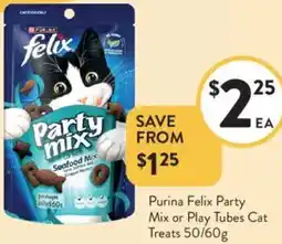 Foodworks Purina Felix Party Mix or Play Tubes Cat Treats offer