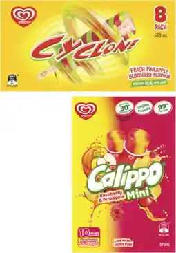 Coles Streets Calippo 6 Pack-10 Pack 525mL-575mL or Cyclone Sticks 8 Pack 688mL offer