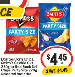 IGA Doritos Corn Chips, Smith's Crinkle Cut or Red Rock Deli Chips Party Size Selected Varieties offer