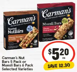 IGA Carman's Nut Bars 5 Pack or Muesli Bars 6 Pack offer