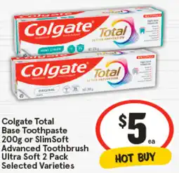 IGA Colgate Total Base Toothpaste or SlimSoft Advanced Toothbrush Ultra Soft Selected Varieties offer
