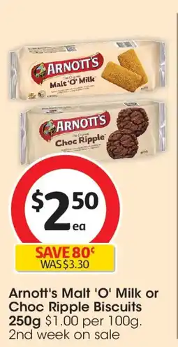 Coles Arnott's malt 'o' milk or choc ripple biscuits offer