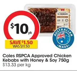 Coles Coles rspca approved chicken kebabs with honey & soy offer