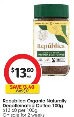 Coles Republica Organic Naturally Decaffeinated Coffee offer