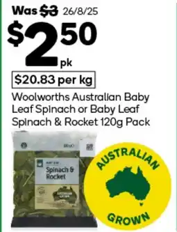 Woolworths Woolworths Australian Baby Leaf Spinach or Baby Leaf Spinach & Rocket Pack offer