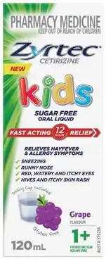 Discount Drug Stores Zyrtec Kids Allergy & Hayfever Relief Grape Flavour Liquid 120mL offer