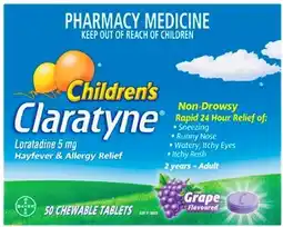 Discount Drug Stores Claratyne Children’s Hayfever & Allergy Relief Grape Flavour 50 Chewable Tablets offer
