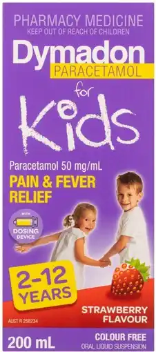 Discount Drug Stores Dymadon Paracetamol For Kids 2-12 Years Colour Free Strawberry Flavour 200mL offer