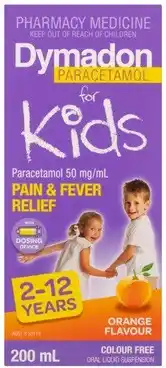 Discount Drug Stores Dymadon Paracetamol For Kids 2-12 Years Colour Free Orange Flavour 200mL offer