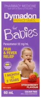 Discount Drug Stores Dymadon Paracetamol For Babies 1 Month-2 Years Colour Free Strawberry Flavour 60mL offer