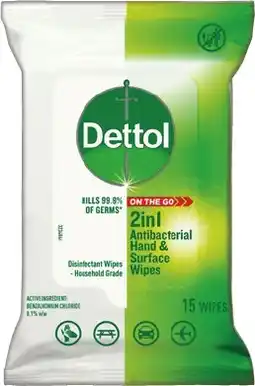 IGA Dettol 2in1 Antibacterial Hands & Surface Wipes 15 Pack offer