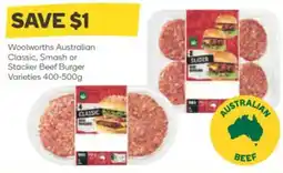 Woolworths Woolworths australian classic, smash or stacker beef burger varieties offer