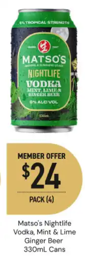 Dan Murphy's Matso's nightlife vodka, mint & lime ginger beer cans offer