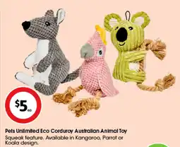 Coles Pets unlimited eco corduroy australian animal toy offer