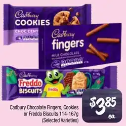 Farmer Jack's Cadbury chocolate fingers, cookies or freddo biscuits (selected varieties) offer