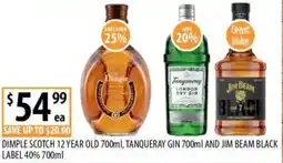 Supabarn Dimple scotch 12 year old, tanqueray gin and jim beam black label 40% offer