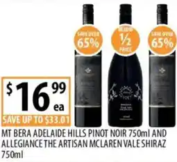 Supabarn Mt bera adelaide hills pinot noir and allegiance the artisan mclaren vale shiraz offer