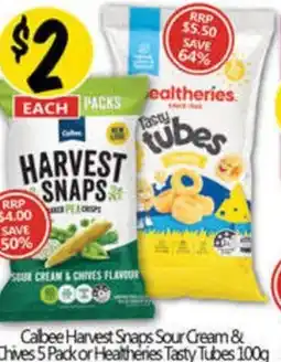 NQR Calbee harvest snaps sour cream & chives 5 pack or healtheries tasty tubes offer