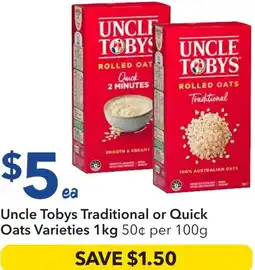 Ritchies Uncle Tobys Traditional or Quick Oats Varieties offer