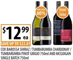 Supabarn Cox barossa shiraz/tumbarumba chardonay / tumbarumba pinot grigio and mcguigan single batch offer