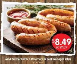 Spudshed Mad butcher lamb & rosemary or beef sausages offer