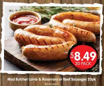 Spudshed Mad butcher lamb & rosemary or beef sausages offer