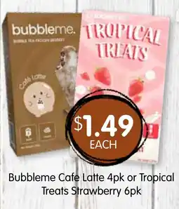 Spudshed Bubbleme cafe latte 4pk or tropical treats strawberry offer