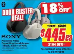 The Good Guys Sony premium noise cancelling headphones - black, silver or pink offer