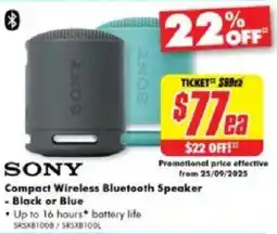 The Good Guys Sony compact wireless bluetooth speaker - black or blue offer