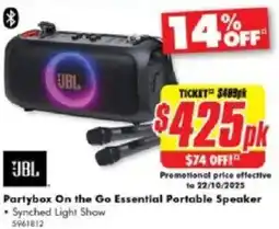 The Good Guys Jbl partybox on the go essential portable speaker offer