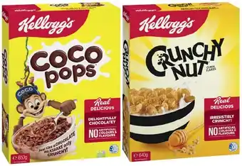 IGA Kellogg’s Cereal Coco Pops 650g, Crunchy Nut Corn Flakes 640g or Nutri‑Grain 765g offer